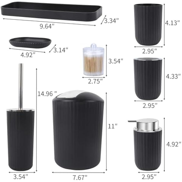 FEILANDUO Bathroom Accessories Sets Complete, 8 Pcs Bathroom Accessory Set with Trash Can, Soap Dispenser, Soap Dish, Toothbrush Holder, Toothbrush Cup, Toilet Brush and Qtip Holders,Vanity Tray,Black