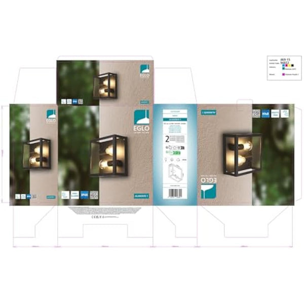 Eglo Alamonte 1 Outdoor Ceiling lamp, 2-Flame Outdoor Wall Light, Black galvanised Steel with Clear Glass Ceiling Light, E27 Socket, IP44