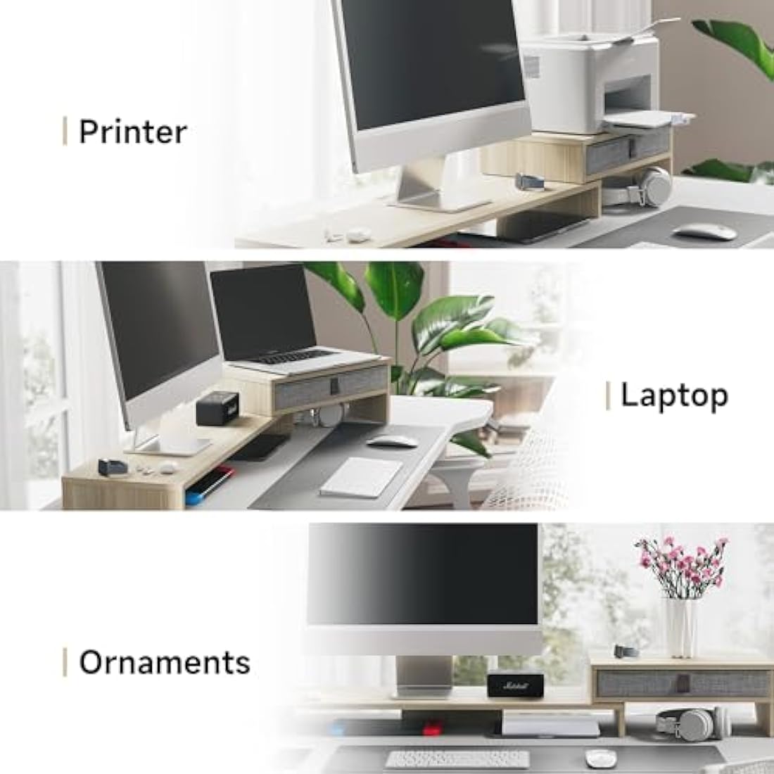 Fenge Dual Monitor Stand With Drawer - 2 Shelf Riser With Adjustable Length and Angle, Wood Stand for 2 Monitors, Laptop PC, Computer, Printer, Desktop Organizer, Oak