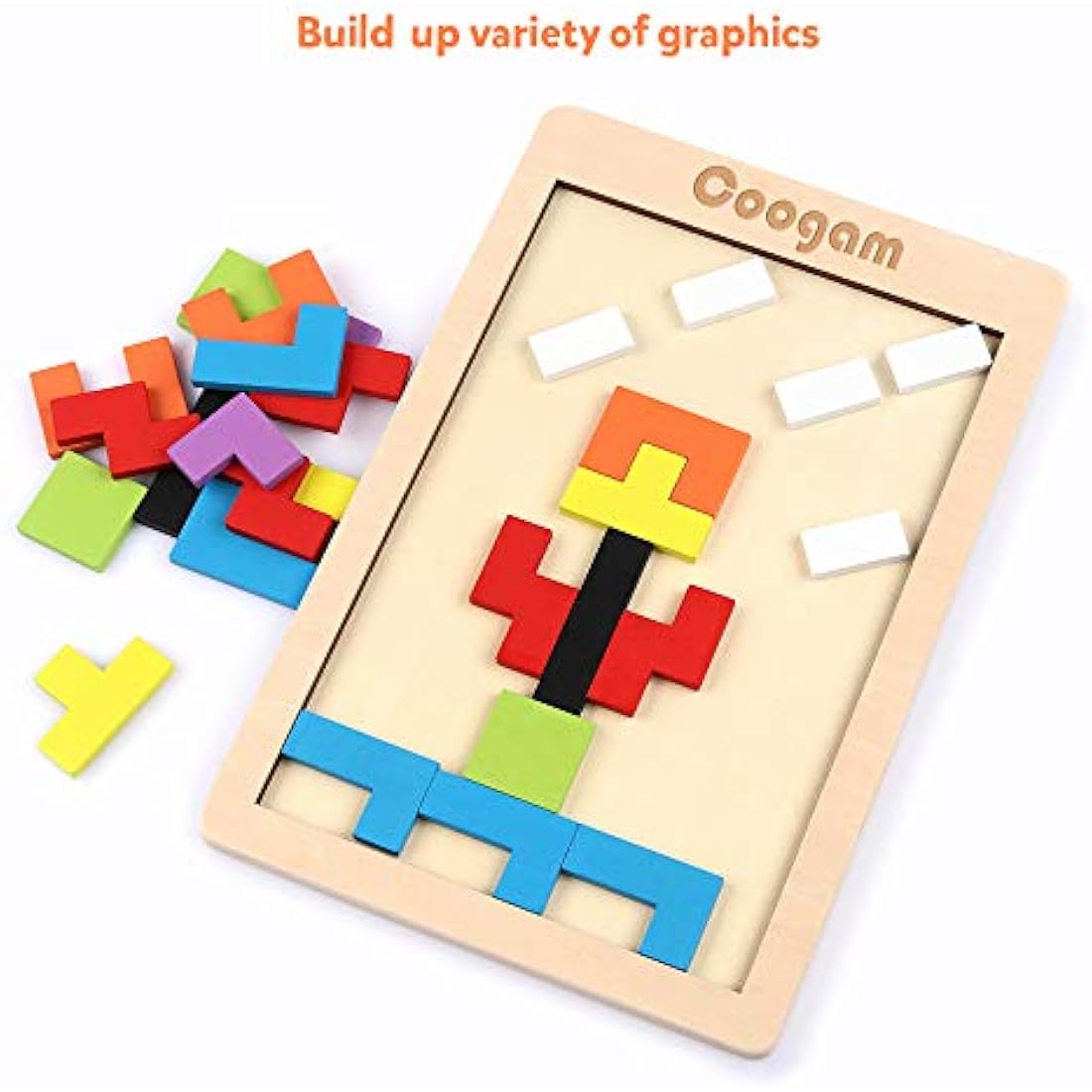 Coogam Wooden Intelligence Puzzle 40 Pcs Tangram Jigsaw Brain Teaser Toy for Kids Wood Puzzle Box Brain Game Building Block Intelligence Educational Gift for Toddlers
