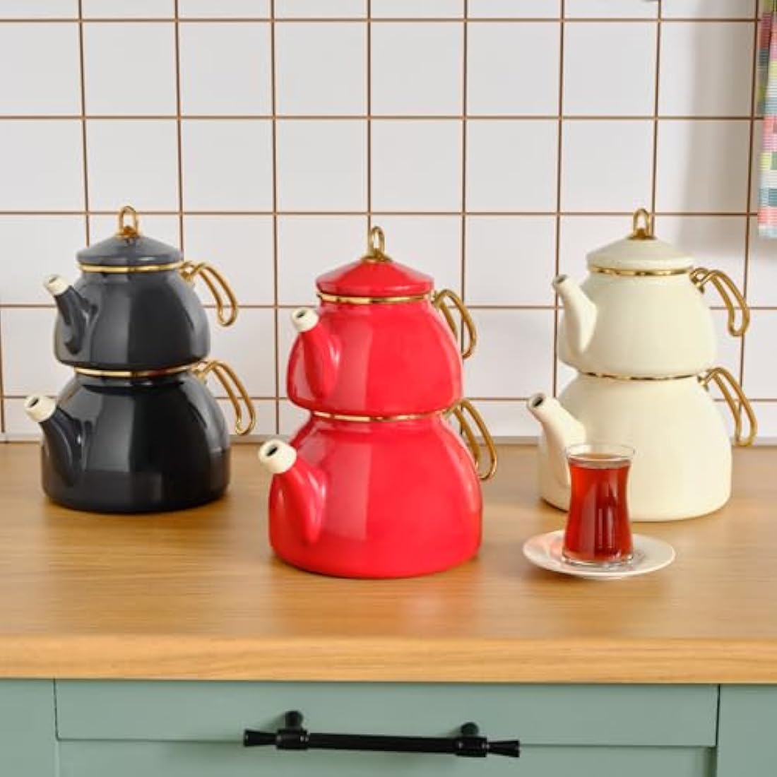 Karaca Retro Enamel Teapot Set, Titanium, Tea Infuser 1.1 L - 2.4 lb, Water Pot 2.3 L - 5.1 lb, Cream, Suitable for Induction, Kettle, Turkish Tea Kettle