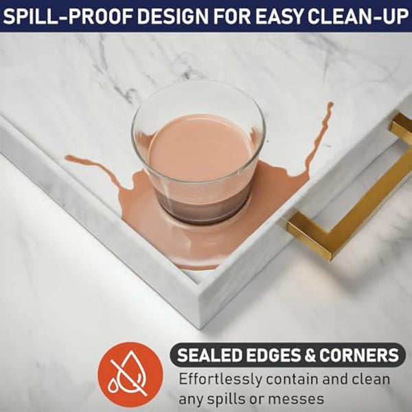 Acrylic Serving Tray with Gold Handles, 16" x 12" Decorative Trays for Coffee Table, Spill Proof Food and Drinks Server, Ottoman Tray for Countertop, Kitchen, Vanity, Serving Party Platter (Marble)