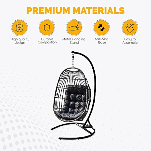 SEDOL Hanging Egg Chair with Stand – Foldable Rattan Swing Chair for Garden, Patio or Balcony – Indoor Outdoor Collapsible Hanging Seat with Cushion – Summer Relaxation Garden Chair (Grey)