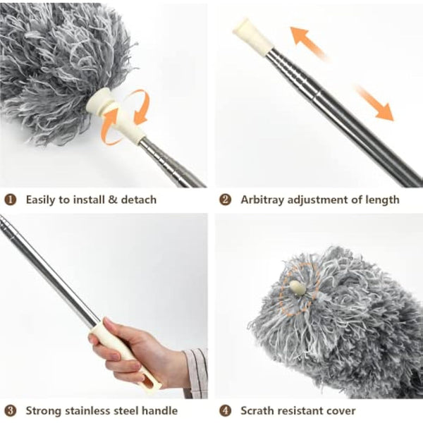ENJSD Extendable Feather Duster,Microfiber Duster with Extra Long 100in Stainless Steel Telescopic Dusters with Scratch Resistant Cover,Perfect for Cleaning Cobweb,Ceiling Fan,Cars etc.(Grey)