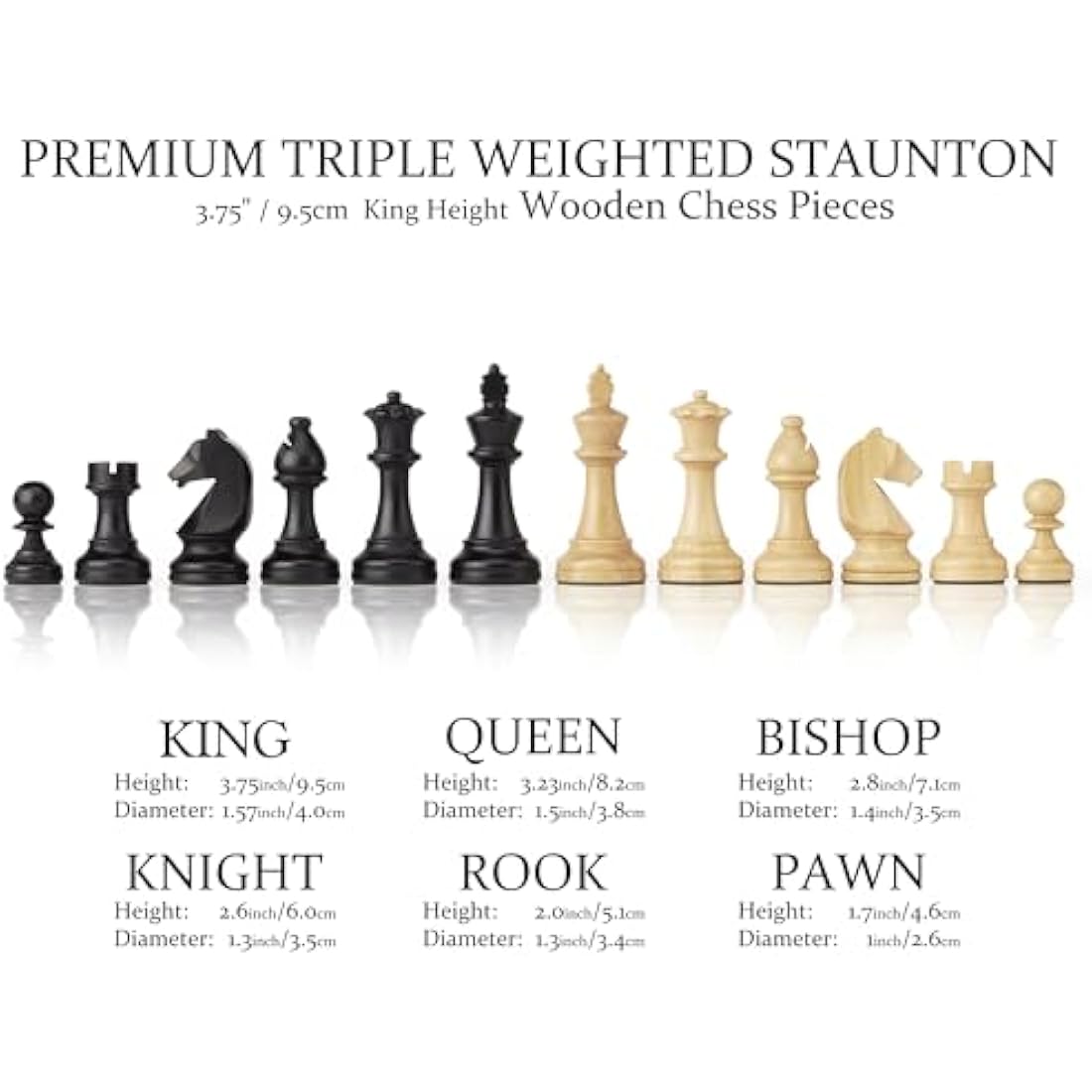 A&A Premium Triple Weighted Staunton Wooden Chess Pieces w/ 2 Extra Queen - King Height 3.75"/9.5cm / 2 Storage Bags