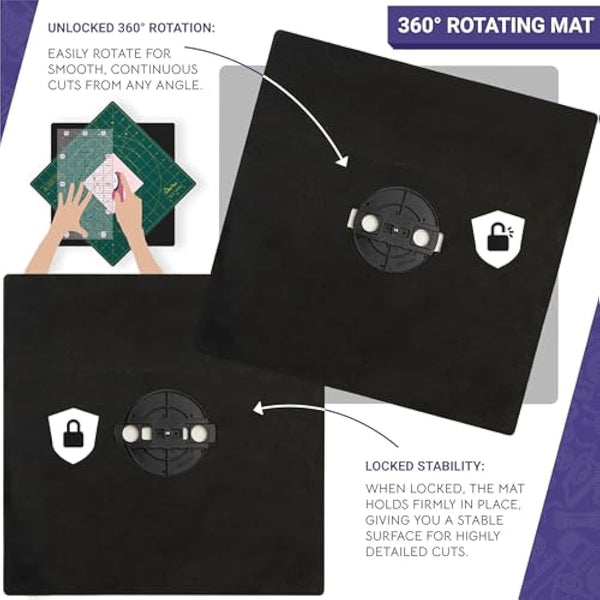 The Quilted Bear Rotating Cutting Mat 18" x 18" - Square Self Healing Rotating Craft Cutting Mat with Innovative Locking Mechanism for Quilting & Sewing (Pink)