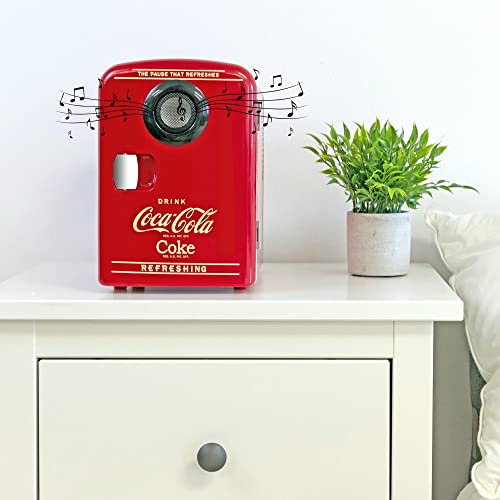Coca-Cola Mini Fridges for Bedrooms 4L Quiet Small 6 Can Table Top Fridge For Drinks Food Coke Kids Skincare Office Home Desk Portable Retro Cooler Warmer with Built-In Bluetooth Wireless Speaker Red