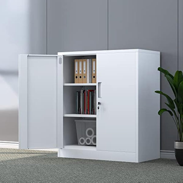 iJINGUR Metal Storage Cabinet with Locking Doors and 2 Adjustable Shelves, Small Lockable Storage Cupboard for Home Office Garage (White)