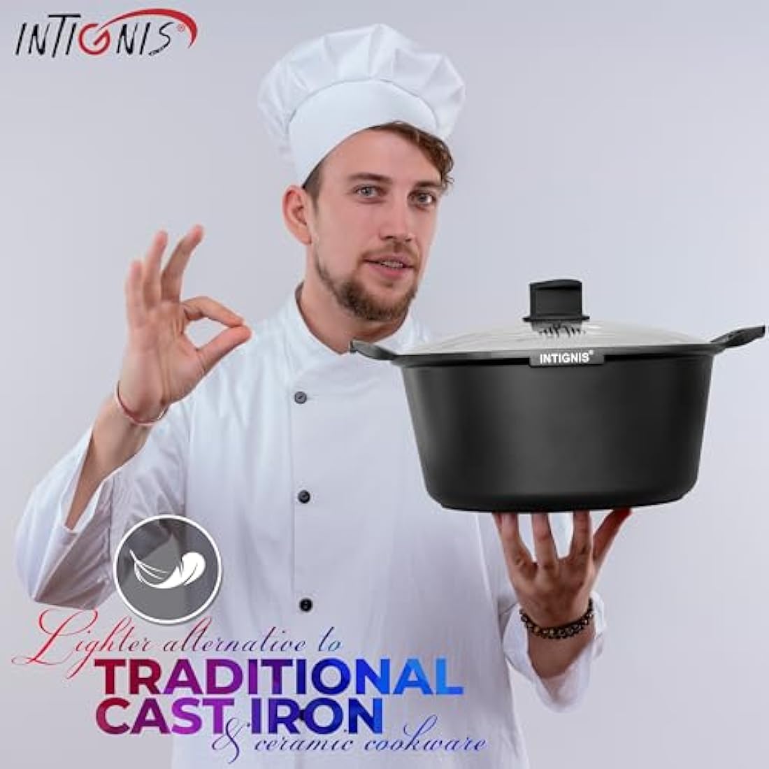 INTIGNIS® Casserole Pot with lid – Large 36cm |14 Litre | 16 Inches – Induction Compatible – GREBLON Ceramic Non Stick Chemical Free Coating Black
