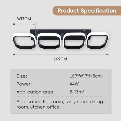 EIDISUNY Modern Led Ceiling Lights, 4 Square Black Lamp LED, Indoor Led Ceiling Lighting Fixtures for Porch Hallway Bedroom Living Room Kitchen Office Entrance - 44W Cool White Light 6000K (Black)