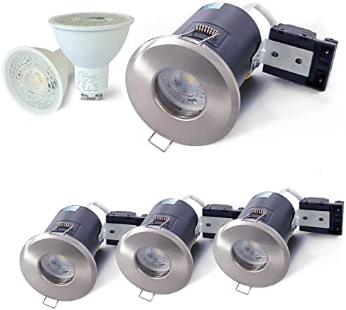 4XSweier 90 Minute Fire Rated LED Spotlights,5W 3000K Warm White IP65 Waterproof Bathroom LED Recessed Ceiling Lights,230V GU10 Downlight,Cut-Out 75mm. Satin Nickel(Non-dimmable)