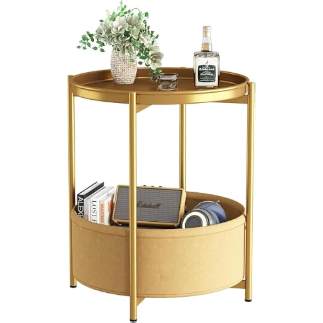 Huhote Side Table, Round End Table with Fabric Basket, Small Bedside Table, Nightstand Sofa Table for Living Room, Bedroom, Bathroom, Balcony, Modern Style (Gold)