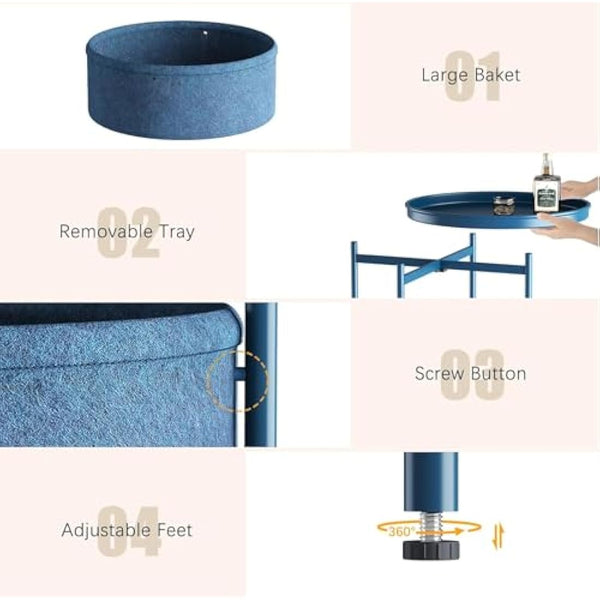 Huhote Side Table, Round End Table with Fabric Basket, Small Bedside Table, Nightstand Sofa Table for Living Room, Bedroom, Bathroom, Balcony, Modern Style (Blue)