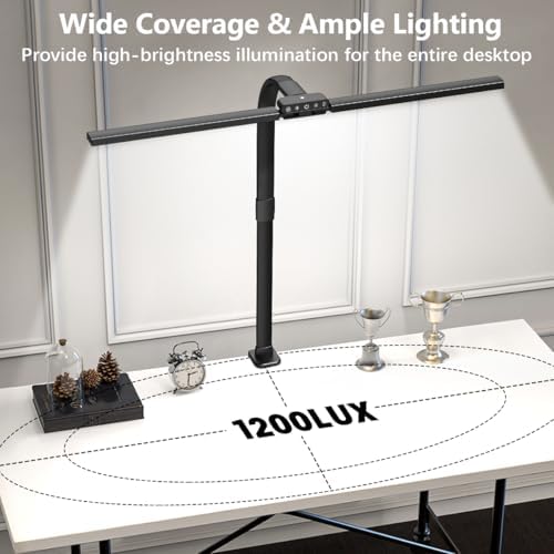 Hapfish LED Clamp Desk Lamp for Office, 24W Double Head Monitor Light Bar, Super Wide & Bright, 5 Color Modes and 5 Dimmable, Eye Protection Gooseneck Clip Table Lamps for Study Computer Screen