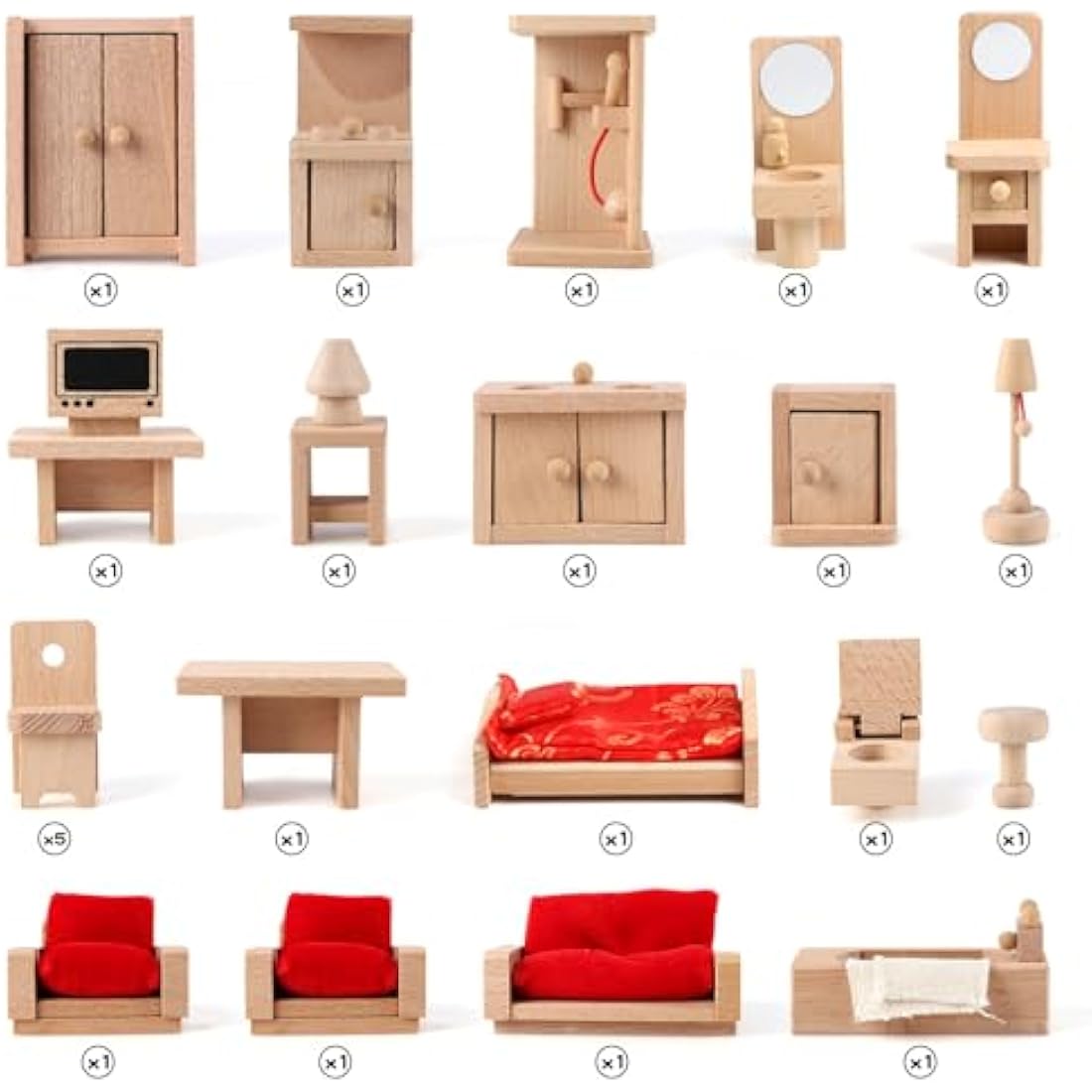 KABENFIS 39PCS 5 Set Dollhouse Furniture Accessories with a family of 6 dolls Decoration Pretend Play Toys for girls boys