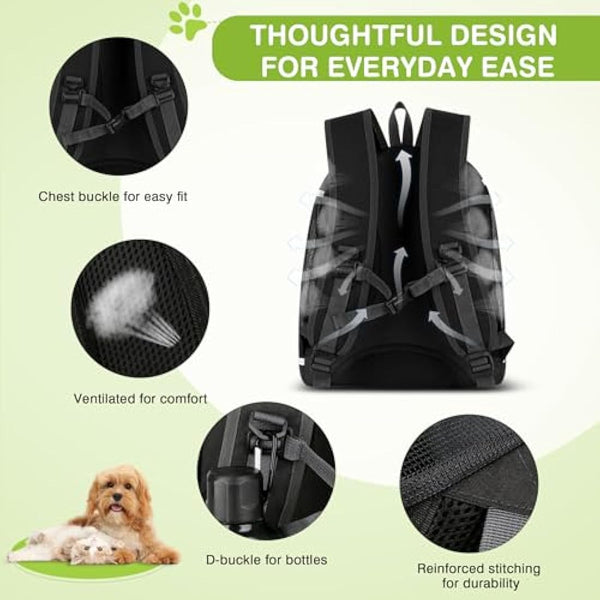 ALLSOPETS Dog Backpack Portable Cat Carrier Bag Travel Pet Backpack for Small Dog Cats Breathable Dog Rucksack Pet Carrying Bag for Travel Hiking Camping Outdoor (Carbon Black)