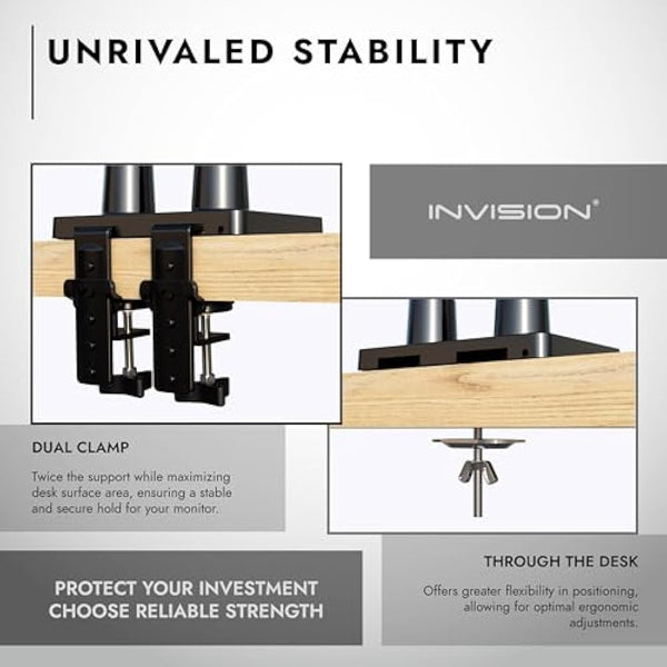 Invision Dual PC Monitor Arm Bracket Ergonomic Height Adjustable (Gas Assisted) Full Motion Long Arm Desktop Clamp Mount for 24”-35” Screens Tilt & Swivel VESA 75mm & 100mm Weight 2kg to 15kg (MX900)