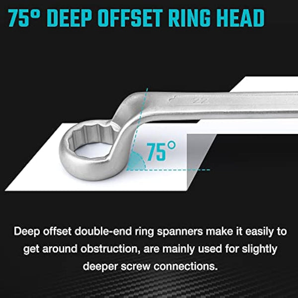 DURATECH Offset Double Ring Spanner Set, 12-Piece Metric Box End Wrench Set with Carry Pouch, Chrome Vanadium Steel, Matte Chrome-Plated, DIN 838, 75-Degree Offset, 6-32mm, 12-Point