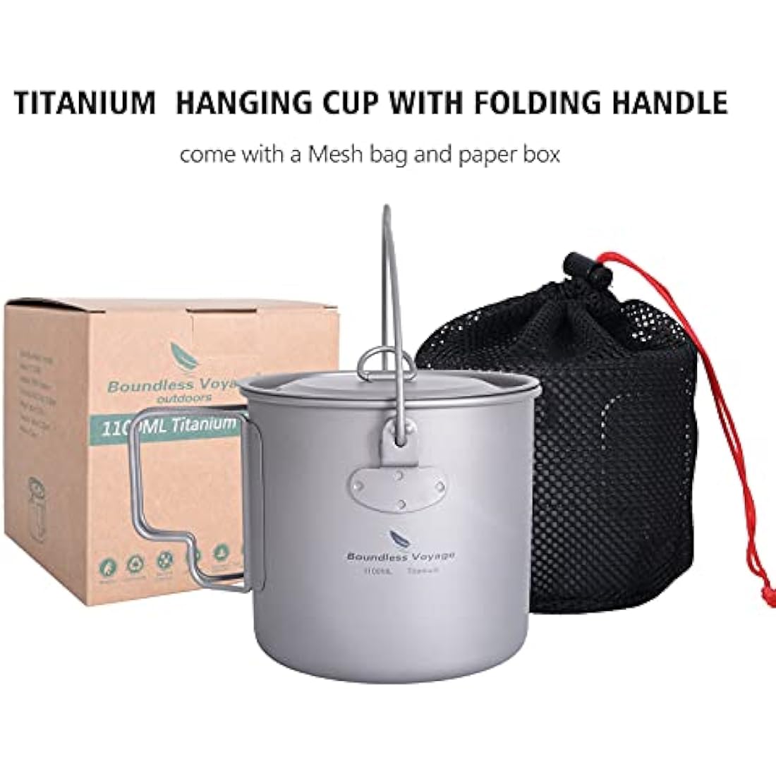 iBasingo 1100ml Titanium Mug Camping Cup Tea Coffee Water Pot with Lid Ultralight Outdoor Travel Tableware with Foldable Handle Picnic Backpacking Trekking Portable Drinkware Survival Gear Ti3041D