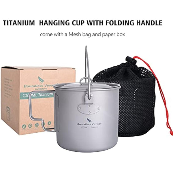 iBasingo 1100ml Titanium Mug Camping Cup Tea Coffee Water Pot with Lid Ultralight Outdoor Travel Tableware with Foldable Handle Picnic Backpacking Trekking Portable Drinkware Survival Gear Ti3041D