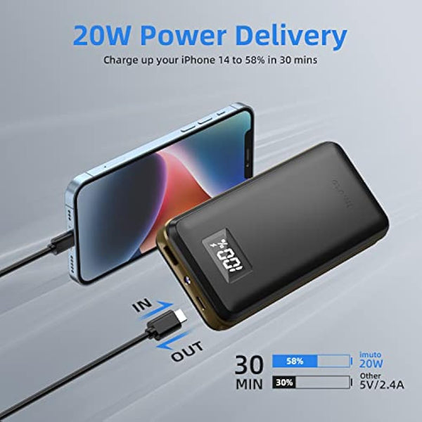 imuto Power Bank 20000mAh Fast Charging Portable Charger, 22.5W Power Bank with USB C Input & Output, Battery Pack PD3.0 QC4.0 for iPhone 15/14/13/12/11 Pro Max Mini Samsung S22 S21 iPad Pixel etc