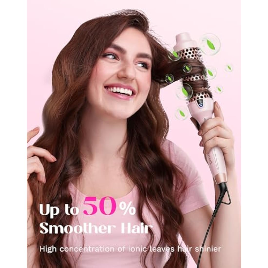 Wavytalk Thermal Brush, Heated Hot Brush for Hair Styling 38mm Ionic Thermal Round Iron for Blowout Express, Heated Curling Iron Create Natural Curls, Dual Voltage and UK Plug, Pink