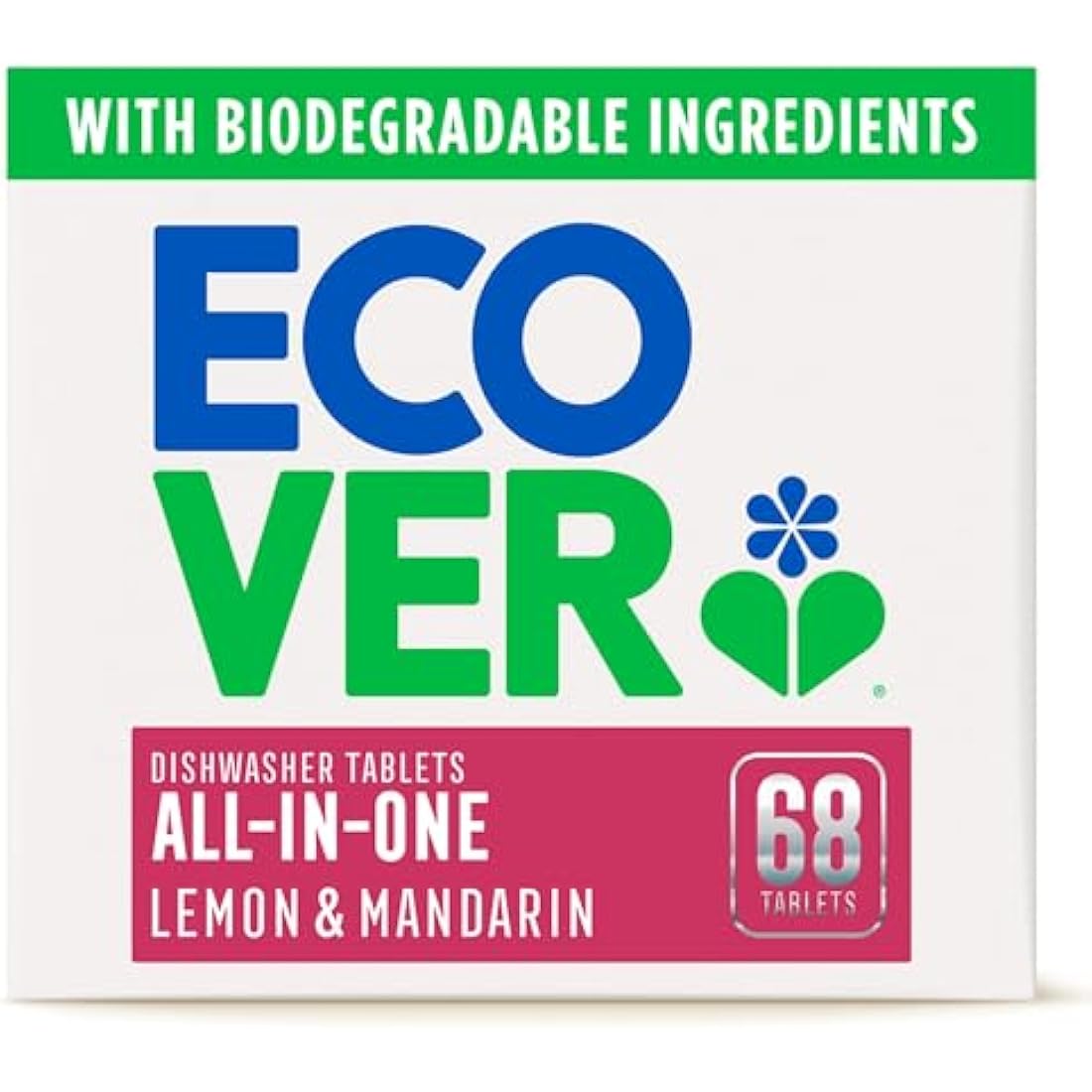 Ecover All in One Dishwasher Tablets, Contains Salt & Rinse Aid, Powerful Cleaning, Fresh Lemon & Mandarin Scent, Pack of 1, 68 Tablets