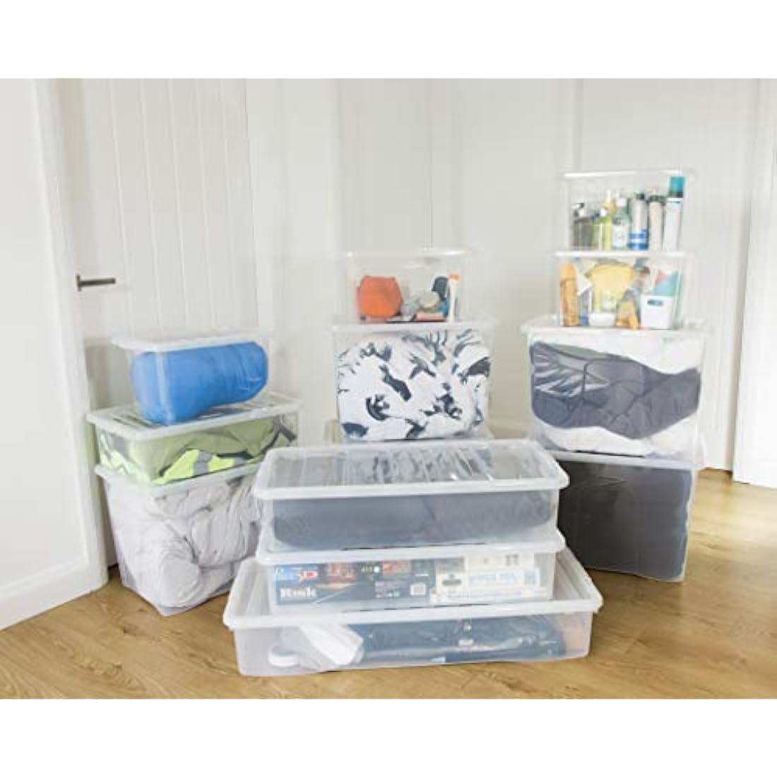 4 x 45L Plastic Storage Boxes Crystal Clear Box & Lid Suitable for all around the Home Office and Workplace Stackable Nestable Large Strong Boxes – 60 x 40 x 25 cm