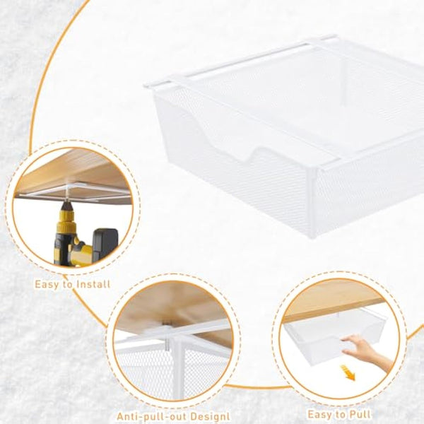 2 Pack Pull Out Basket Storage Under Shelf, Under Cabinet Hanging Drawer, Metal Wire Mesh Storage Basket Organizer for Kitchen, Office, Wardrobes, Cupboard rack White