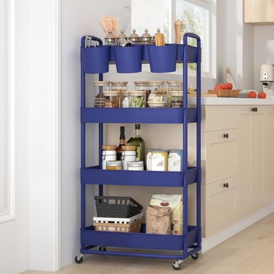 JIUYOTREE 4-Tier Plastic Rolling Storage Cart Utility Cart with Extra Hanging Cups Handles Lockable Wheels for Living Room Bathroom Kitchen Office Blue