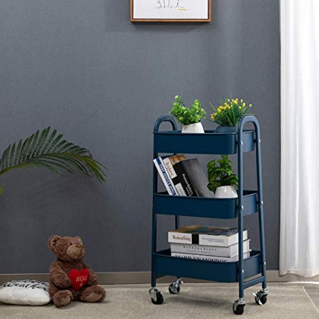 DOEWORKS 3-Tier Storage Trolley on Wheels Metal Storage Cart Rolling Kitchen Trolley Craft Trolleys Beauty Trolleys Utility Cart for Books Bedroom Bathroom Office, Navy Blue