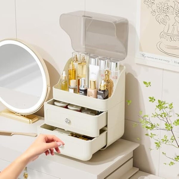 RMAN Makeup Organiser, Large Capacity Makeup Storage with Clear Lid and 2 Drawers for Cosmetics, Perfumes, Skincare, Waterproof and Dustproof - Cream White