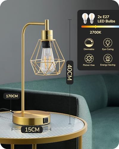 EDISHINE Bedside Lamps Set of 2, Dimmable LED Table Lamp, Diamond Cage Lampshade, USB Charging Ports, Touch Lamps for Living Room, Bedroom, E27 Socket, Bulb Included, Gold