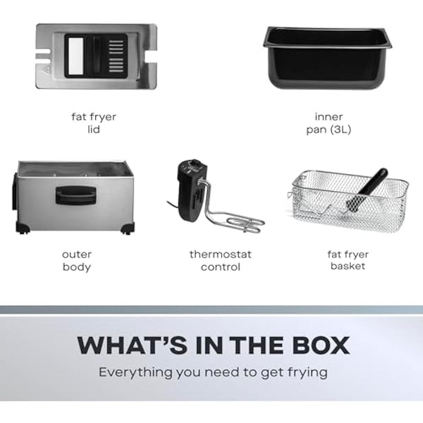 Daewoo SDA1550 2000W Deep Fat Fryer with Window Lid and 3L Oil Capacity, Adjustable Temperature Control and High Power Function, Steel Outer Body and Enamel Coating, Silver