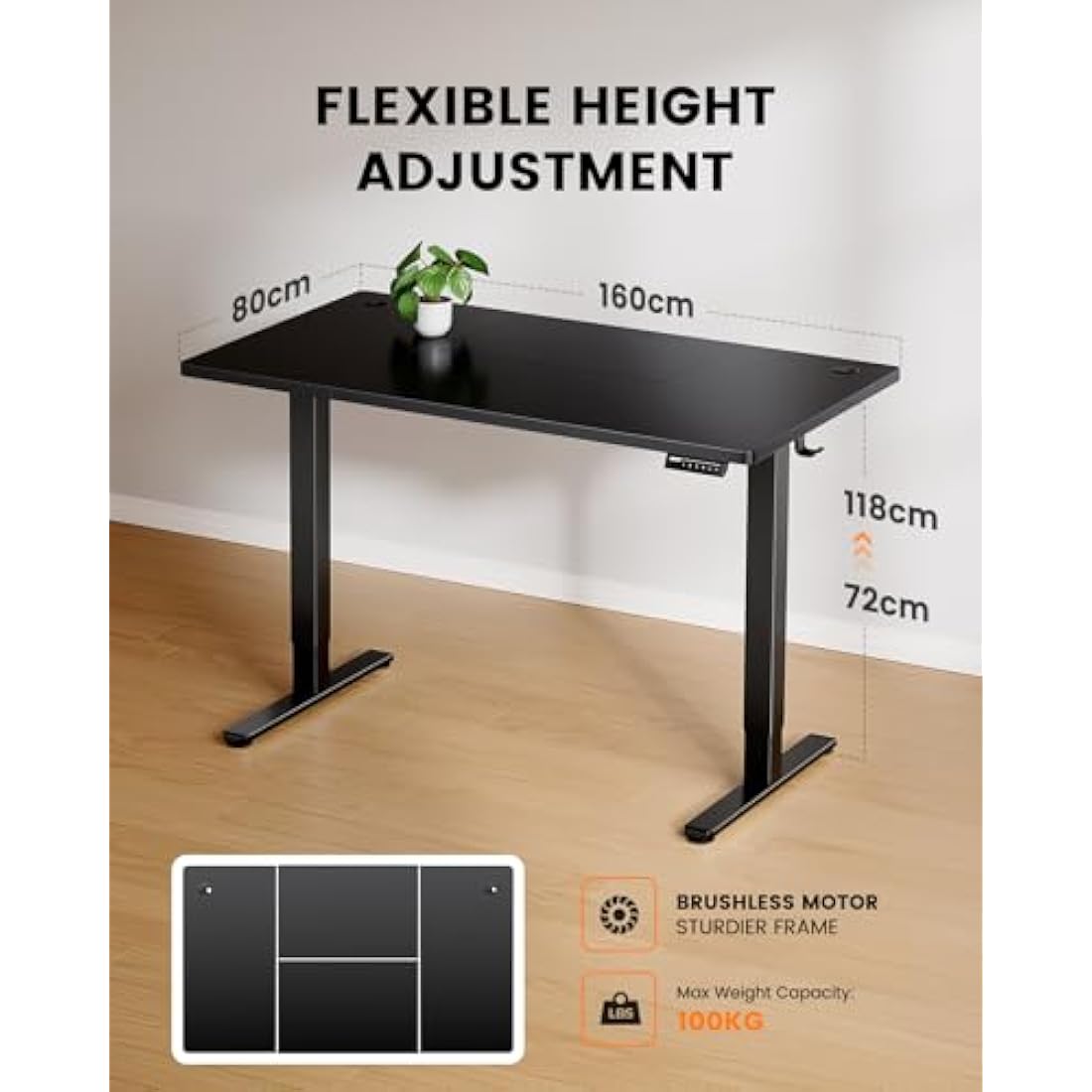 ErGear Electric Standing Desk with Advanced Brushless Motor, 160 x 80 cm Height Adjustable Desk with 100kg Load Capacity, Quiet Operation, Sturdy Metal Frame