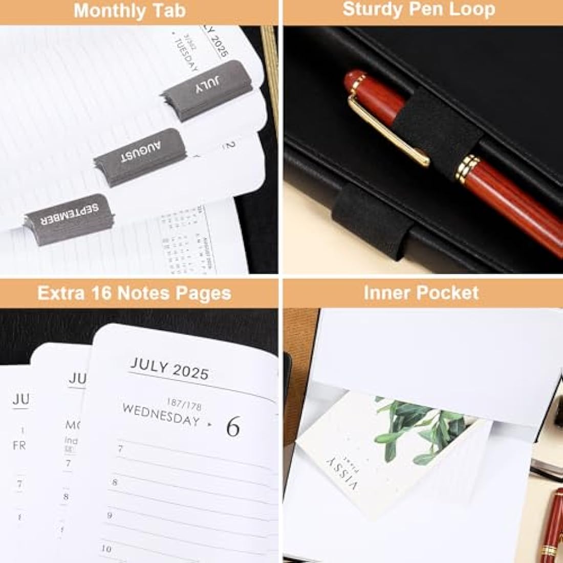 Acadmeic Diary 2025-2026 - A5 Diary 2025-2026 Day Per Page, July 2025 to June 2026, Productivity A5 Daily Planner, with Monthly Tabs, Inner Pocket, Black, Banded, 14.5 X 21 cm