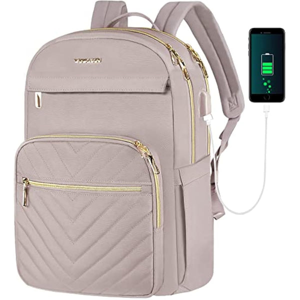 VANKEAN 15.6 Inch Laptop Backpack for Women Work Laptop Bag Fashion with USB Port, Waterproof Purse Backpacks Teacher Nurse Stylish Travel Bags Casual Daypacks for College, Business, Pink