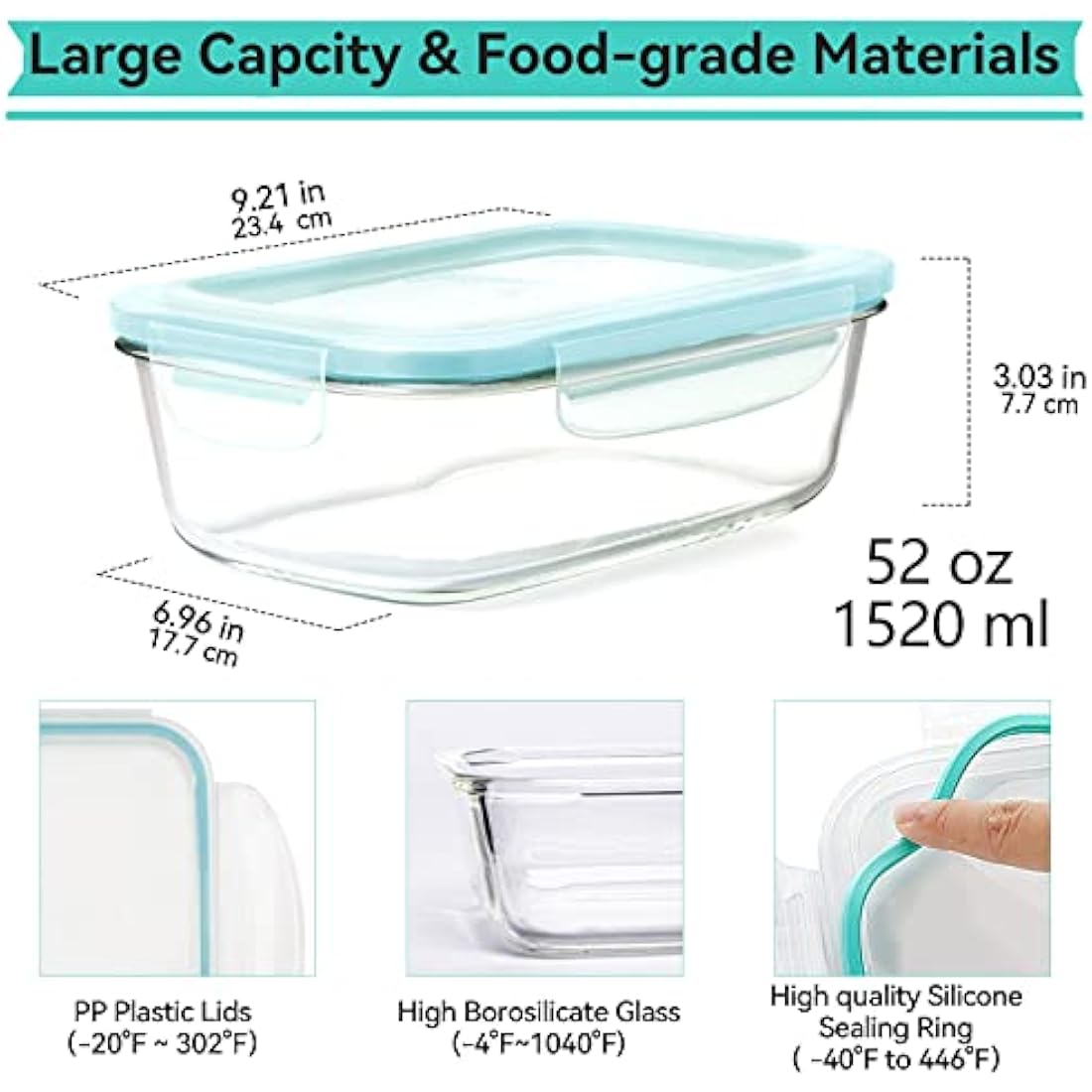 Luvan 1520ML Large Glass Food Storage Containers with Lids, Airtight Glass Meal Prep Containers Set Lunch Box BPA Free & Leak-Proof for Microwave,Oven,Freezer and Dishwasher Safe