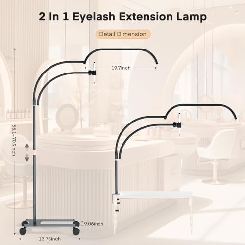 Lmaqfum Lash Light for Eyelash Extensions, 2 in 1 Half Moon Lamp with Phone Holder & 50cm Swing Arm, 7 Colours & Stepless Dimming, Esthetician Light with Wheel Stand for Eyelash Extension