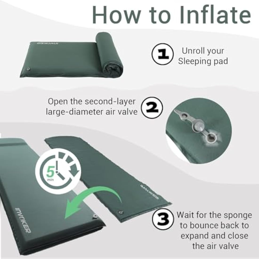 INVOKER Self Inflating Memory Foam Camping Sleeping Mat - Pad with Built in Pillow, Green, 196x70x8cm, 2kg, Waterproof, 150kg Weight Capacity, Rapid Inflation, Plush, Camper
