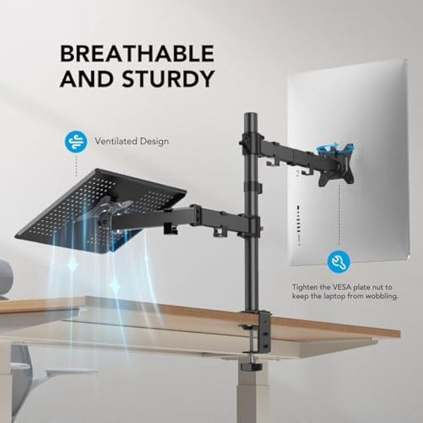HUANUO Monitor Arm with Laptop Tray for 13 to 32 Inch Screen & 17 Inch Notebook, Monitor and Laptop Stand, Monitor Arm Desk Mount Fits VESA 75 / 100