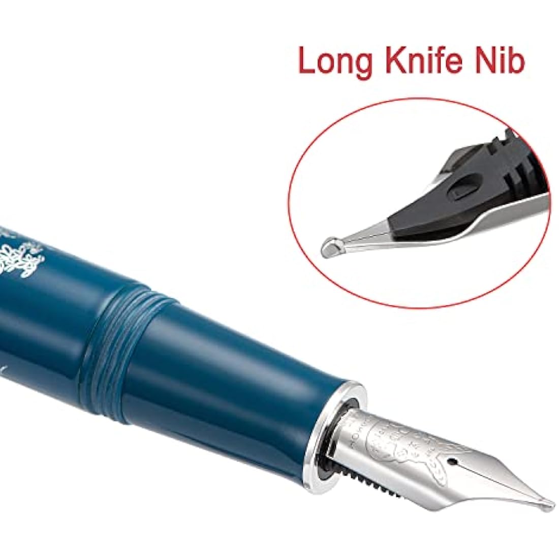 HONG DIAN Hongdian N23 Blue Rabbit Fountain Pen, Long Blade Medium Nib Silver Trim, New Year Lucky Rabbit Carving Design, Smooth Writing Pen with Converter and Metal Pen Box Set