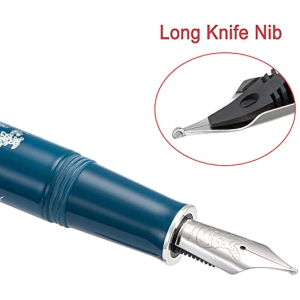 HONG DIAN Hongdian N23 Blue Rabbit Fountain Pen, Long Blade Medium Nib Silver Trim, New Year Lucky Rabbit Carving Design, Smooth Writing Pen with Converter and Metal Pen Box Set