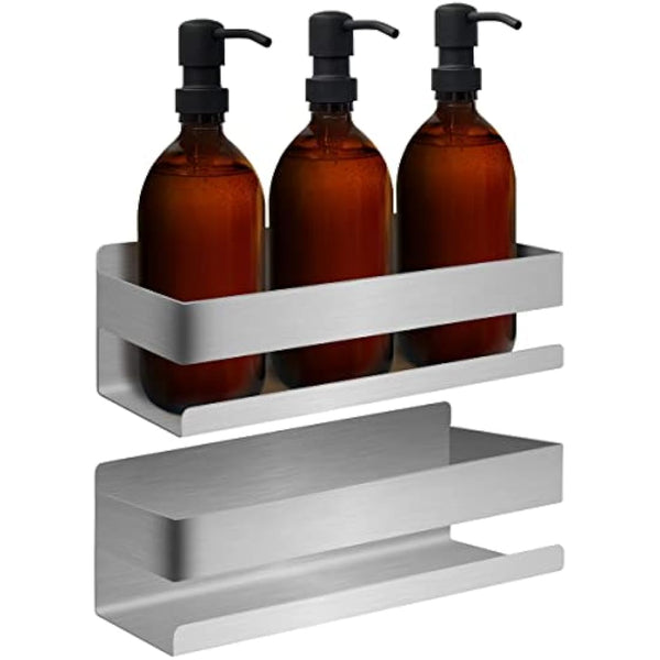 Joejis Shower Caddy No Drill - Strong 3M Self Adhesive No Drill Wall Mounted Shelf - Stainless Steel - Tidy Shampoo Gel Storage Basket - Shower Organiser (2 Pack Silver)