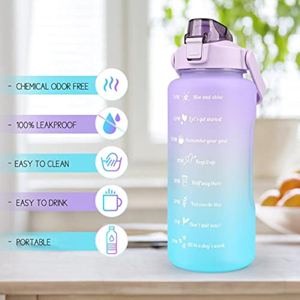 Water Bottle 2L BPA Free Sport Drinks Jug with Time Marking & Lock Cover, Leak Proof 2 Liters Water Bottle with Portable Handle, Purple Water Canteen Bottle