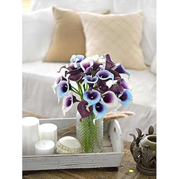 FiveSeasonStuff 10 Stems of Real Touch Calla Lilies Artificial Flower Bouquet, Perfect for Wedding, Bridal, Party, Home Office Décor DIY (Blue & Purple)