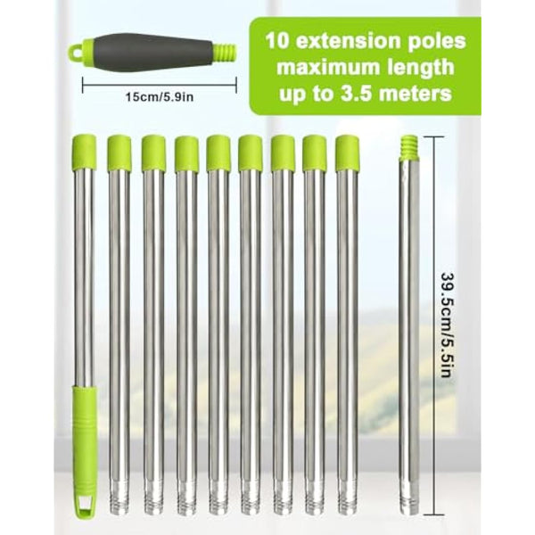 3.6 Meters Window Cleaning Kit Extra Long 2in1 Cleaner Equipment, Professional Window Squeegee Glass Cleaning Tool with Spare Microfiber Cloth Squeegee Strips, Screw-on Type