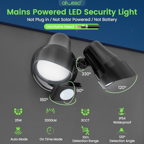 ALUSSO 25W LED Security Lights Outdoor Motion Sensor LED Floodlight, IP54 Waterproof Outside PIR Flood Light, 3000K 4000K 6500K Adjustable Wall Light for Garden Patio Backyard Garage
