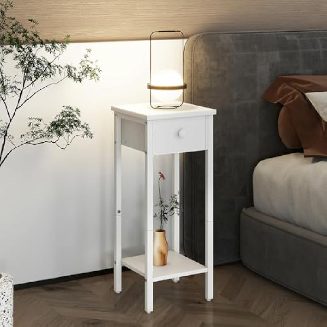 IBUYKE Slim Bedside Table Set of 2, Narrow Nightstand with Drawer, Telephone Table for Small Spaces, 25x25x70cm, Small Side End Table for Bedroom Living Room Hallway, White TMJ417W-2