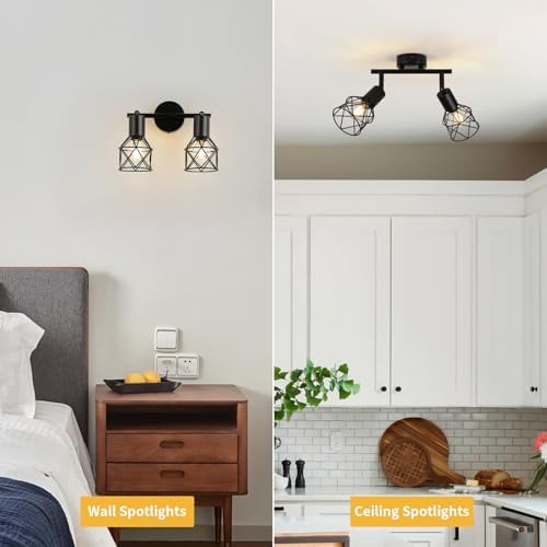 FORCOSO Ceiling Lights Spotlight, 2 Way Spot Lights 350°Adjustable, E14 Base Black Light Shade Metal Wire Cage Light Fittings, Industrial Wall Ceiling Lamp for Kitchen Living Room Hallway Bedroom
